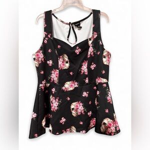 Torrid Black Top with Pink Floral Skull Design